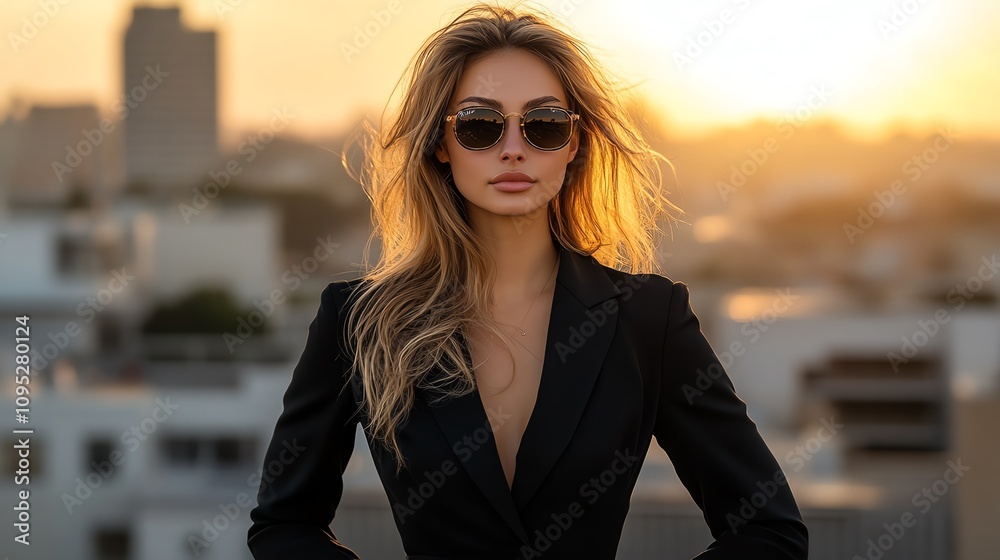 Elegant woman in all black outfit, urban backdrop, sunglasses, golden hour lighting, confident and modern Elegant woman in all black outfit, urban backdrop, sunglasses, golden hour lighting, confident and modern