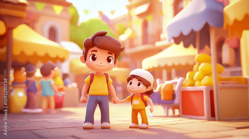 Shopping at an Open-Air Market Pastel colored 3D cartoon style illustration.