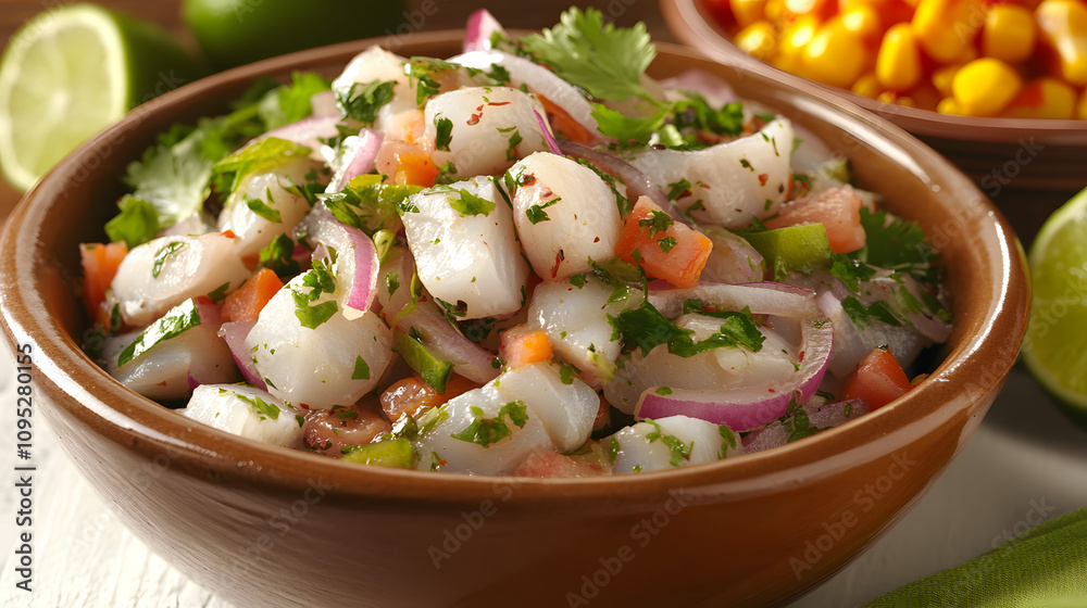 Captivating Depiction of Traditional Peruvian Ceviche with Vibrant Accompaniments and Cultural Elements Captivating Depiction of Traditional Peruvian Ceviche with Vibrant Accompaniments and Cultural Elements