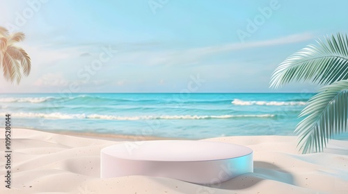 White podium on a sandy beach with blue ocean in the background.