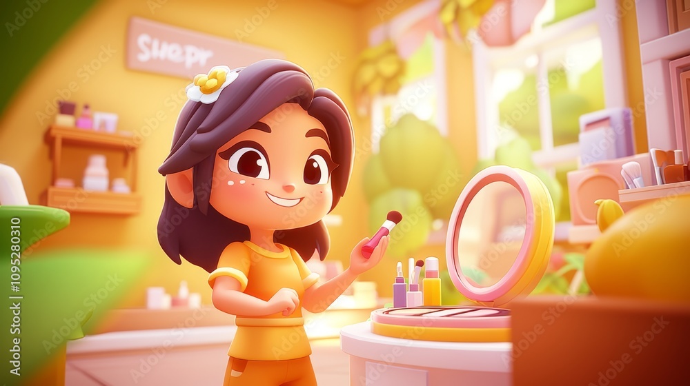 Shopping for Makeup at a Beauty Store Pastel colored 3D cartoon style illustration.