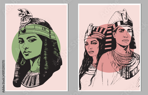 A set of hand-drawn illustrations featuring ancient Egyptian figures in traditional attire, abstract style with colorful geometric elements. Tempura design for print, canvas, poster