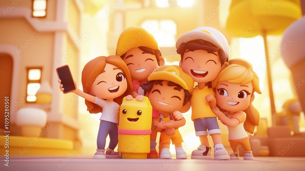Friends Sharing Moments Pastel colored 3D cartoon style illustration.