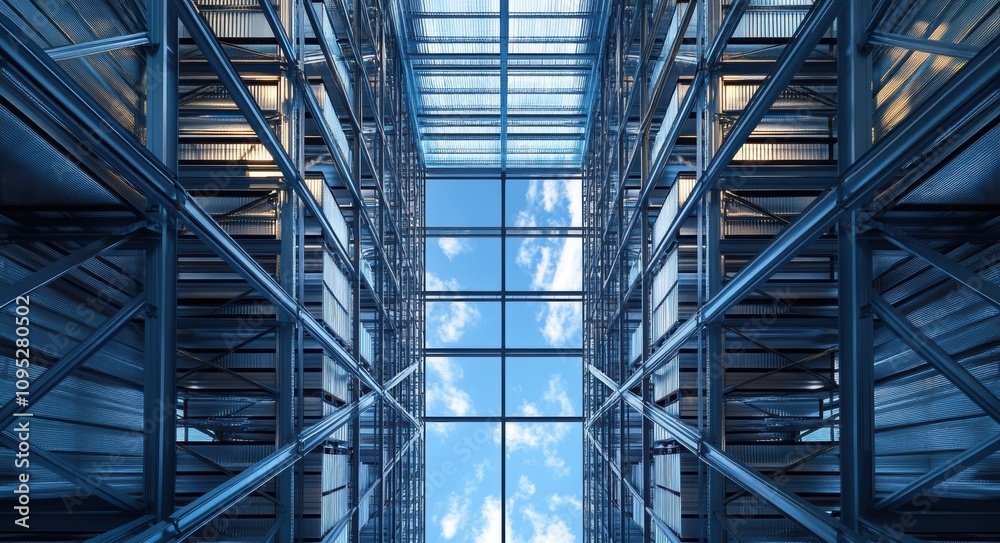 Modern Architectural Structure with Futuristic Glass and Steel Design Captured from Ground Perspective Against Clear Blue Sky with Fluffy Clouds Above Modern Architectural Structure with Futuristic Glass and Steel Design Captured from Ground Perspective Against Clear Blue Sky with Fluffy Clouds Above