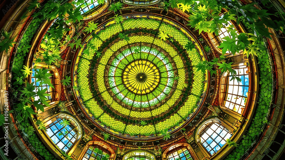 Obraz premium Intricate dome ceiling with vibrant greenery and stained glass