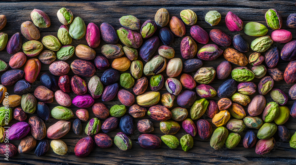 Stunning Top Angle View of a Rustic Wooden Cafe Table with Artfully Arranged Pistachio Beans in High Definition Stunning Top Angle View of a Rustic Wooden Cafe Table with Artfully Arranged Pistachio Beans in High Definition