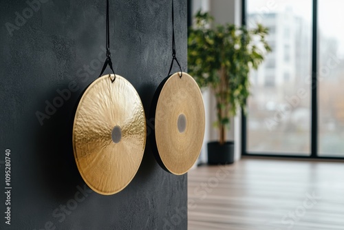 meditation sound therapy, a serene meditation room with soothing gongs and chimes for sound healing, providing peaceful ambiance and space for reflection photo