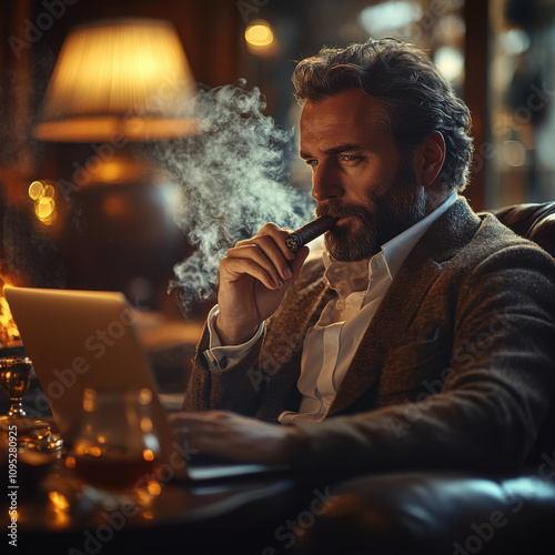 man working on his laptop, sitting, cigar lounge, glass of whiskey, man is smoking a cigar while he works 