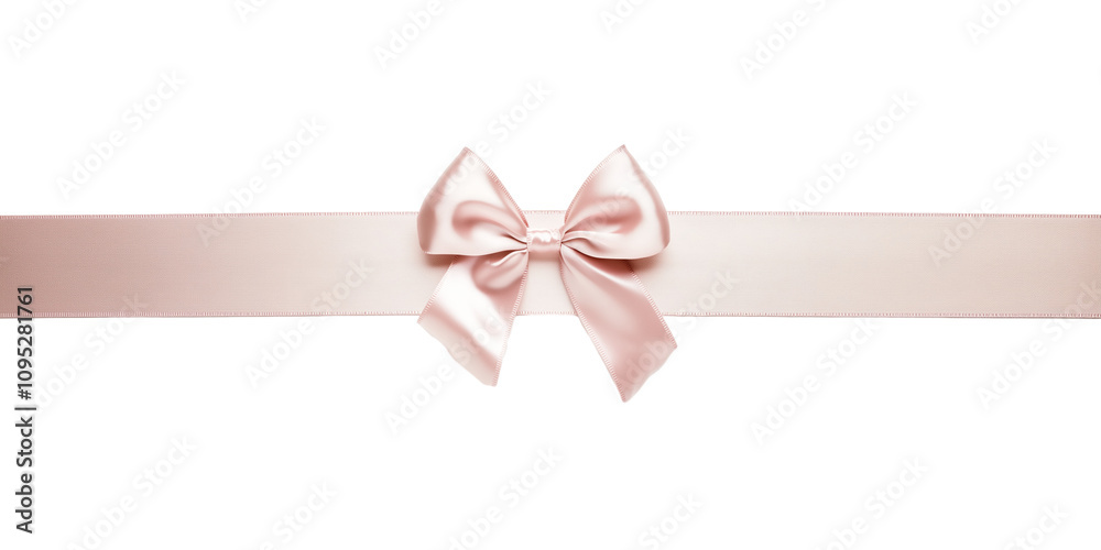 Fototapeta premium Pastel pink satin ribbon bow with long straight silk strips isolated on transparent background, gift wrap decoration design