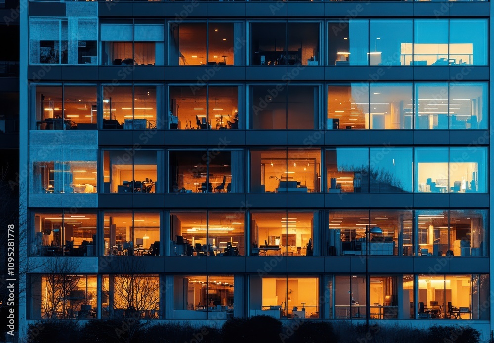 Modern Office Building at Night with Illuminated Windows Reflecting Urban Environment and Work Culture, Highlighting Productivity and Professional Atmosphere Modern Office Building at Night with Illuminated Windows Reflecting Urban Environment and Work Culture, Highlighting Productivity and Professional Atmosphere