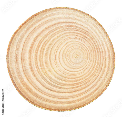 Round piece of wood in cross section with wood texture pattern isolated on a white background. Detailed organic surface. photo