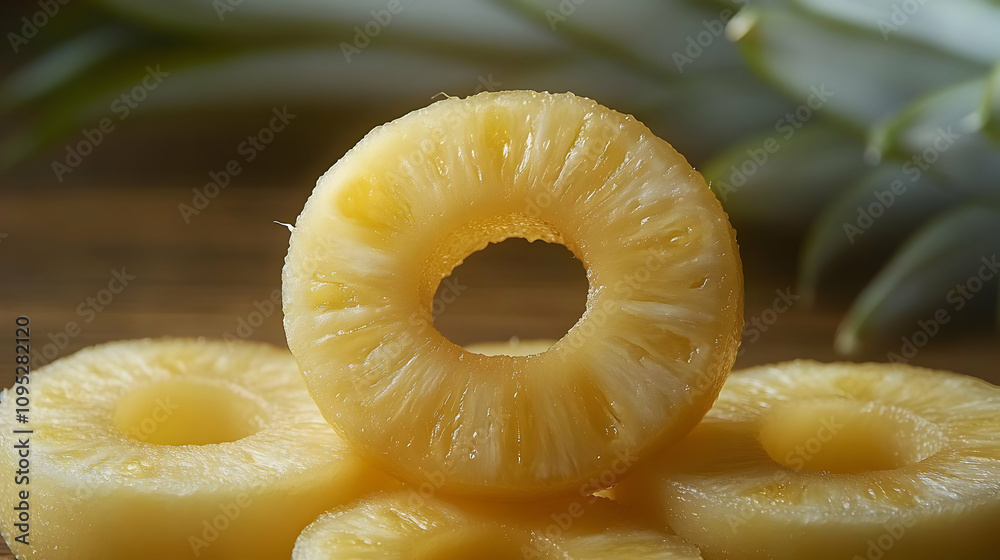 Juicy Pineapple Rings Cut in Half, Expertly Laid on a Wooden Surface with a Lush Green Background for Culinary Excellence and Refreshing Tropical Vibes Juicy Pineapple Rings Cut in Half, Expertly Laid on a Wooden Surface with a Lush Green Background for Culinary Excellence and Refreshing Tropical Vibes