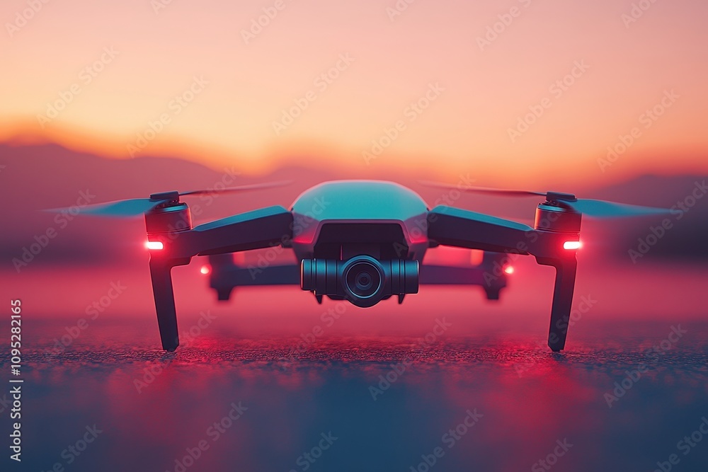 Stylish drone with a camera stands on a road at sunset, illuminated by vibrant colors, showcasing modern technology against a serene natural background Stylish drone with a camera stands on a road at sunset, illuminated by vibrant colors, showcasing modern technology against a serene natural background