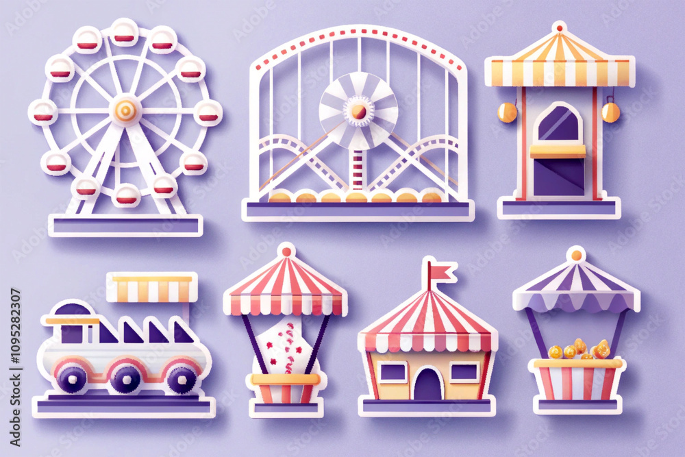 Naklejka premium Amusement park themed stickers, separate objects, non-overlapping separated on white background