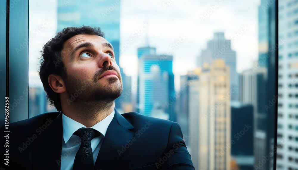 A thoughtful businessman in a suit looks out a window at a blurred cityscape contemplating his future and career goals A thoughtful businessman in a suit looks out a window at a blurred cityscape contemplating his future and career goals