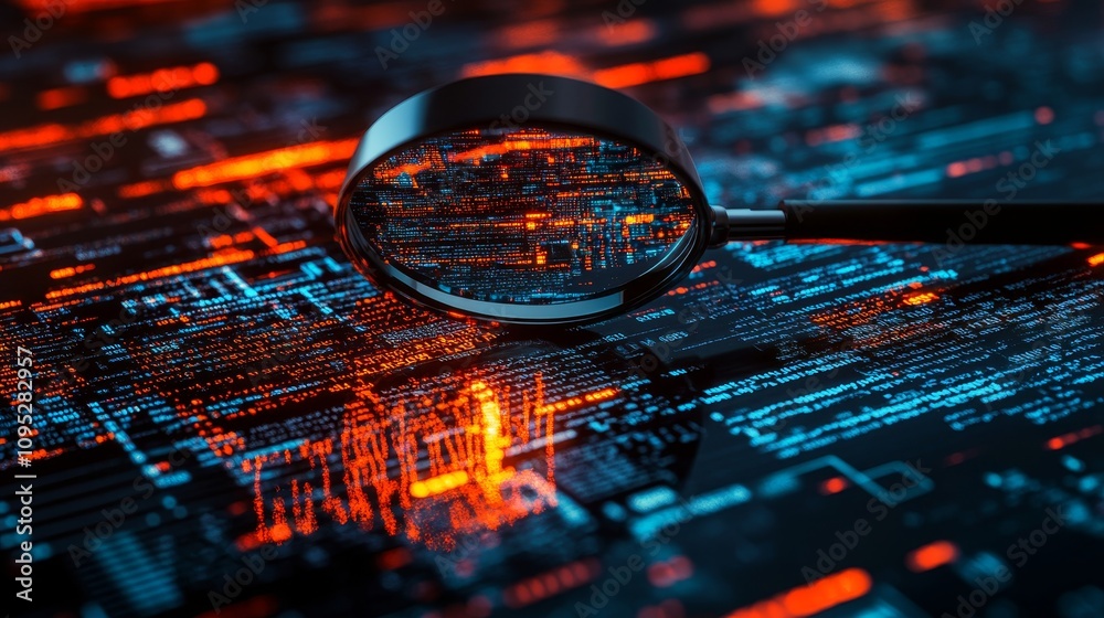 Digital Security Under the Magnifying Glass.Concept of Cybersecurity, digital privacy, vulnerability assessment, risk management,Cybersecurity, IT security, information technology, software developmen Digital Security Under the Magnifying Glass.Concept of Cybersecurity, digital privacy, vulnerability assessment, risk management,Cybersecurity, IT security, information technology, software developmen