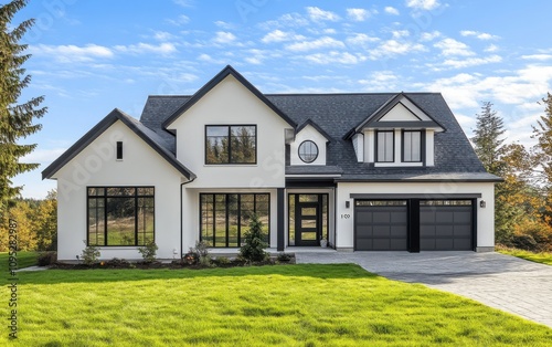 Modern Two-Story House Design with Large Windows and Elegant Architecture Surrounded by Lush Green Landscaping on a Sunny Day