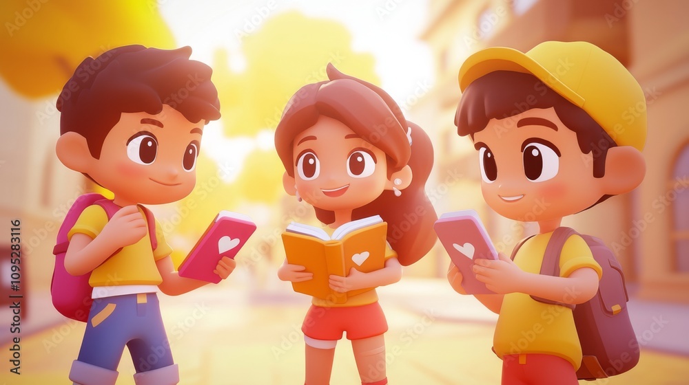 Social Media Book Recommendations Pastel colored 3D cartoon style illustration.