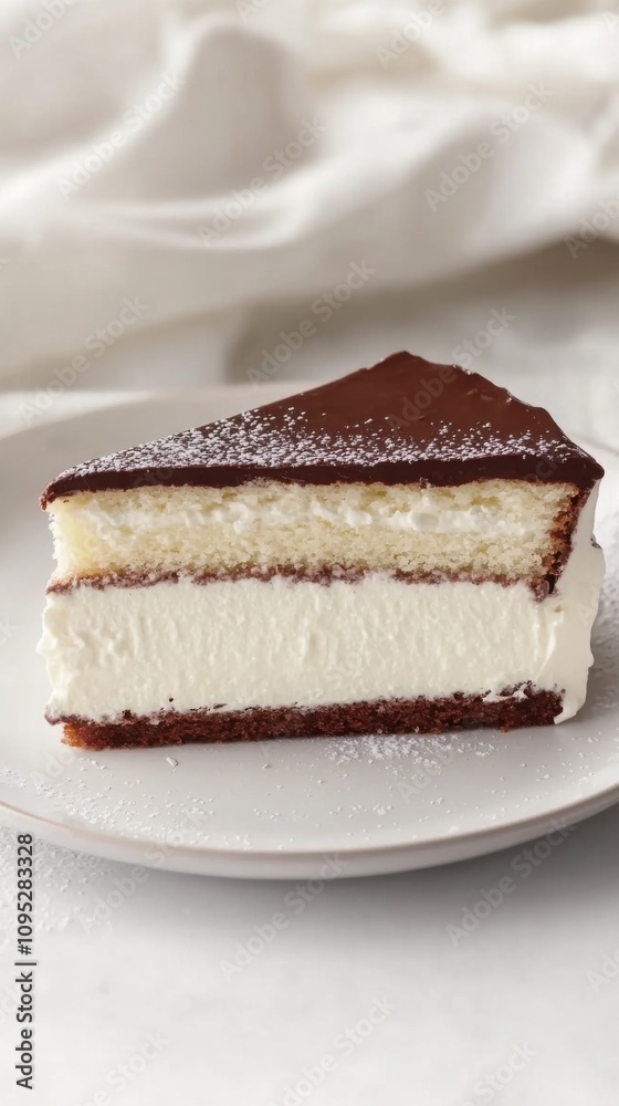 柔らかい白い背景に贅沢な層状のチョコレートガナッシュケーキ - 春のデザートのインスピレーションに最適です 柔らかい白い背景に贅沢な層状のチョコレートガナッシュケーキ - 春のデザートのインスピレーションに最適です