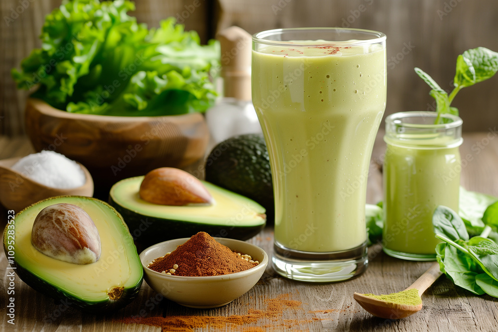 Creamy avocado smoothie with leafy greens and cayenne pepper on a wooden surface Creamy avocado smoothie with leafy greens and cayenne pepper on a wooden surface
