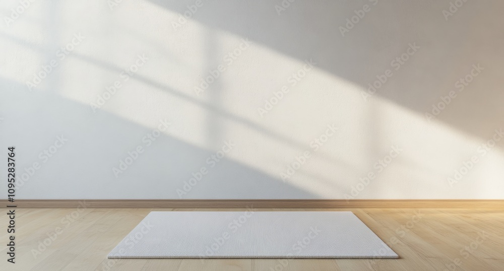 White yoga mat on light wood floor, with an empty white wall behind White yoga mat on light wood floor, with an empty white wall behind