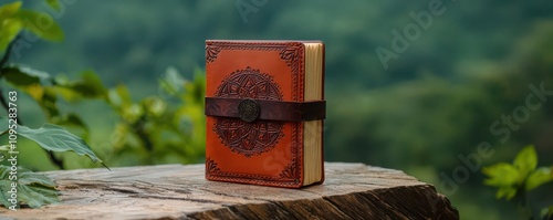 handmade and leather concept. handmade leather concept. handmade concept. A vibrant leather journal with a hand-tooled mandala design, showcasing the artisan s creative flair photo