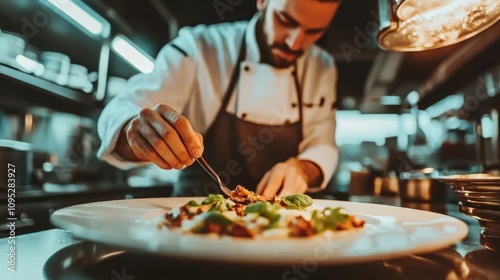 Chef Plating a Gourmet Dish with a Fork in a Restaurant Kitchen photo