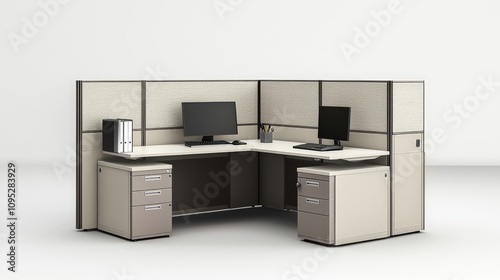 Modern office workspace with dual monitors and minimalist design cubicles