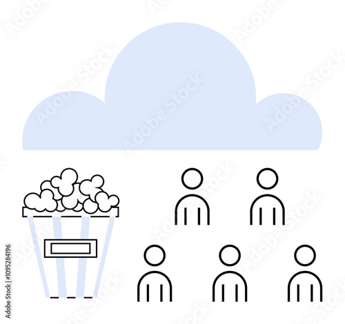 Large cloud symbol, striped popcorn bucket filled, five minimalist user icons in rows. Ideal for cloud computing, data storage, streaming services, subscriptions, user engagement, online community