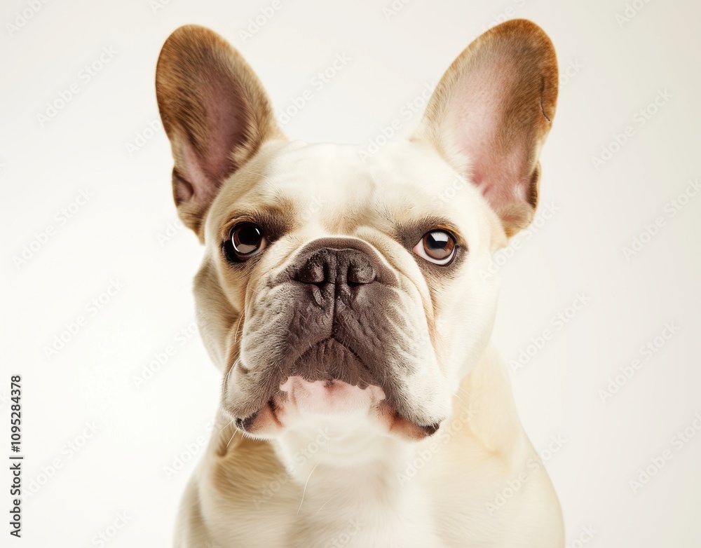 Portrait of a French Bulldog with Alert Expression and Distinctive Ears, Isolated on Light Background in Studio Setting, Ideal for Pet Lovers and Animal Enthusiasts Portrait of a French Bulldog with Alert Expression and Distinctive Ears, Isolated on Light Background in Studio Setting, Ideal for Pet Lovers and Animal Enthusiasts