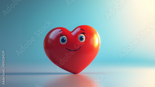 Smiling red heart with cartoon eyes on a gradient blue background symbolizing love and happiness photo