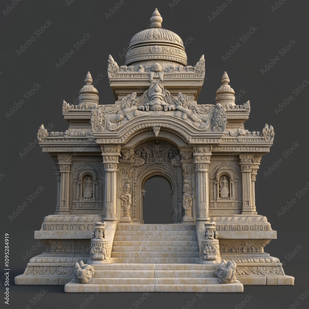 Ornate stone gateway, stairs, intricate carvings. Ornate stone gateway, stairs, intricate carvings.