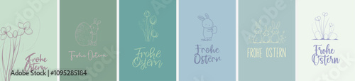 6 pastellfarbene Osterkarten-Motive (Din Format) mit dem Schriftzug "Frohe Ostern!"; moderne perfekte Typo (Kalligrafie Schönschrift) + Font & Symbol komplett als Pfade