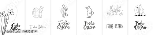 6x Osterkarten-Motiv (Din Format) mit dem Schriftzug "Frohe Ostern"; moderne perfekte Typo (Kalligrafie Schönschrift) + Font & Symbol komplett als Pfade