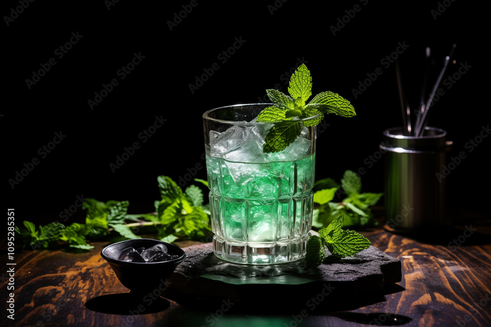 Refreshing green cocktail with ice and mint on a dark wooden table