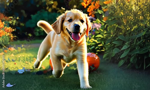 Golden Retriever Puppy Joyfully Running Through a Sunlit Garden photo