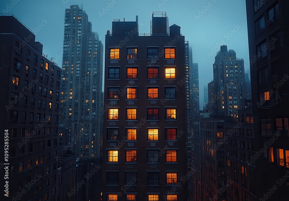 Serene Cityscape at Dusk with Warmly Lit Windows Amid Towering Buildings in Urban Environment, Capturing the Essence of Metropolitan Life
