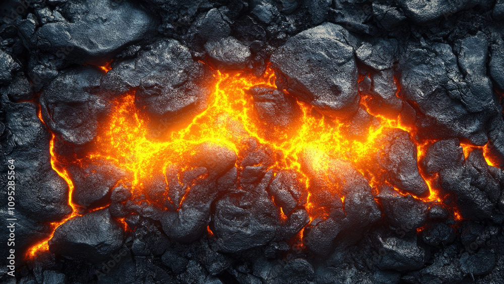 Molten Lava Flow Between Volcanic Rocks in Dark Landscape Molten Lava Flow Between Volcanic Rocks in Dark Landscape