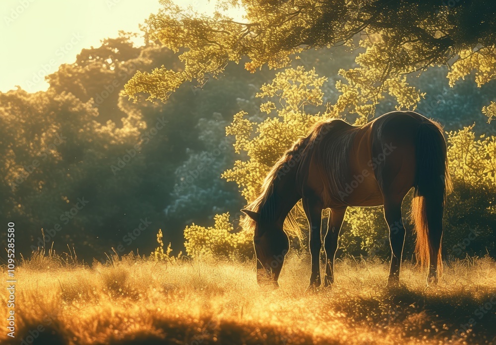 Fototapeta premium Serene Golden Sunset with a Grazing Horse in a Lush Meadow Surrounded by Vibrant Greenery and Soft Sunlight Filtering Through Tree Canopy