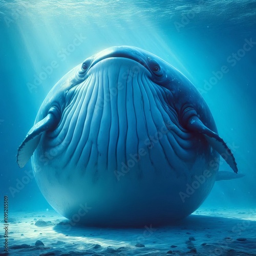 A cute, large whale with a big smile swimming underwater, showcasing its baleen and surrounded by bubbles in the ocean photo