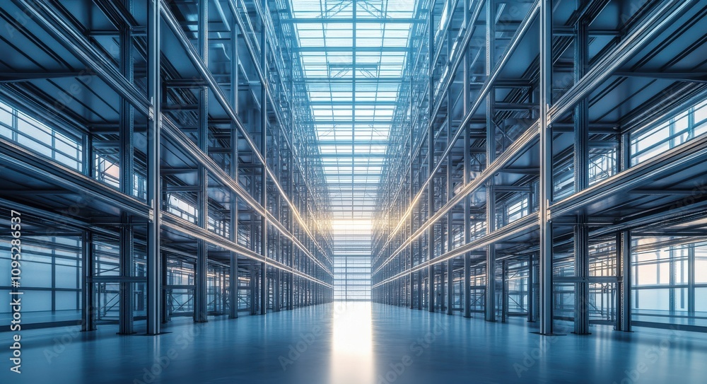 Spacious and Modern Warehouse Interior with Metallic Racks and Abundant Natural Light Streaming Through Glass Roof Panels Spacious and Modern Warehouse Interior with Metallic Racks and Abundant Natural Light Streaming Through Glass Roof Panels
