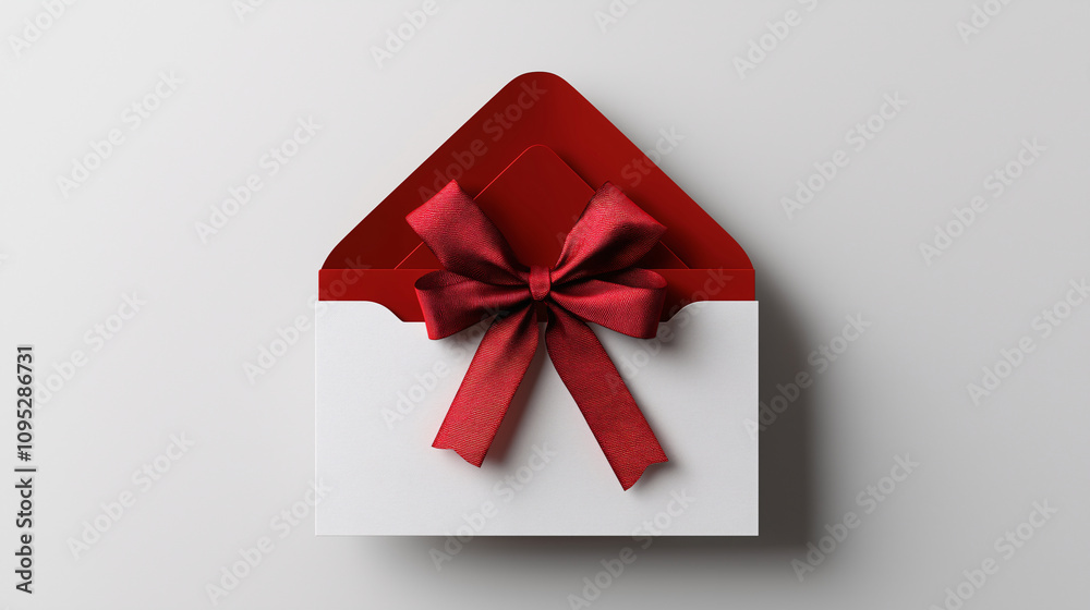 Red Bow on White Envelope Holiday Gift Card Mail Invitation Surprise Valentine's Day