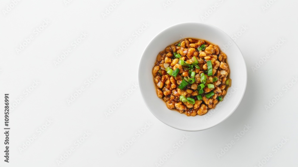 食べ物やレストランのデザインのためのきれいな背景に白いボウルに入ったおいしいアジア料理の航空写真 食べ物やレストランのデザインのためのきれいな背景に白いボウルに入ったおいしいアジア料理の航空写真