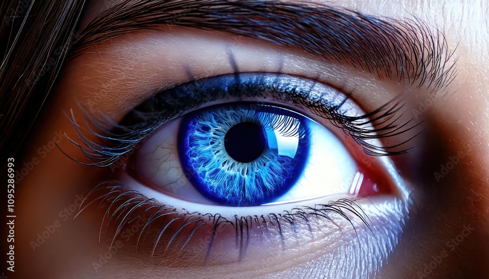 Fototapeta premium Cyberpunk photo of a close-up view of a human eye with an intense, futuristic look. the iris 