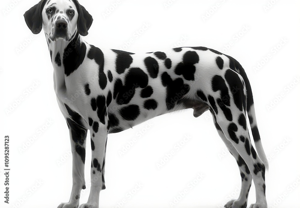 Striking Portrait of a Playful Dalmatian Dog Standing Proudly Against a White Background, Showcasing Its Unique Black Spots and Elegant Stance