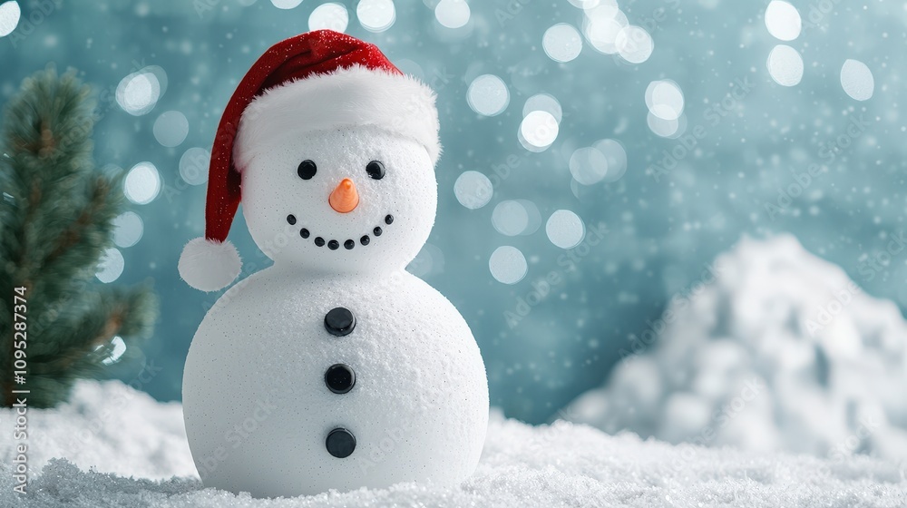 A cheerful snowman wearing a Santa hat, surrounded by a snowy winter landscape. A cheerful snowman wearing a Santa hat, surrounded by a snowy winter landscape.