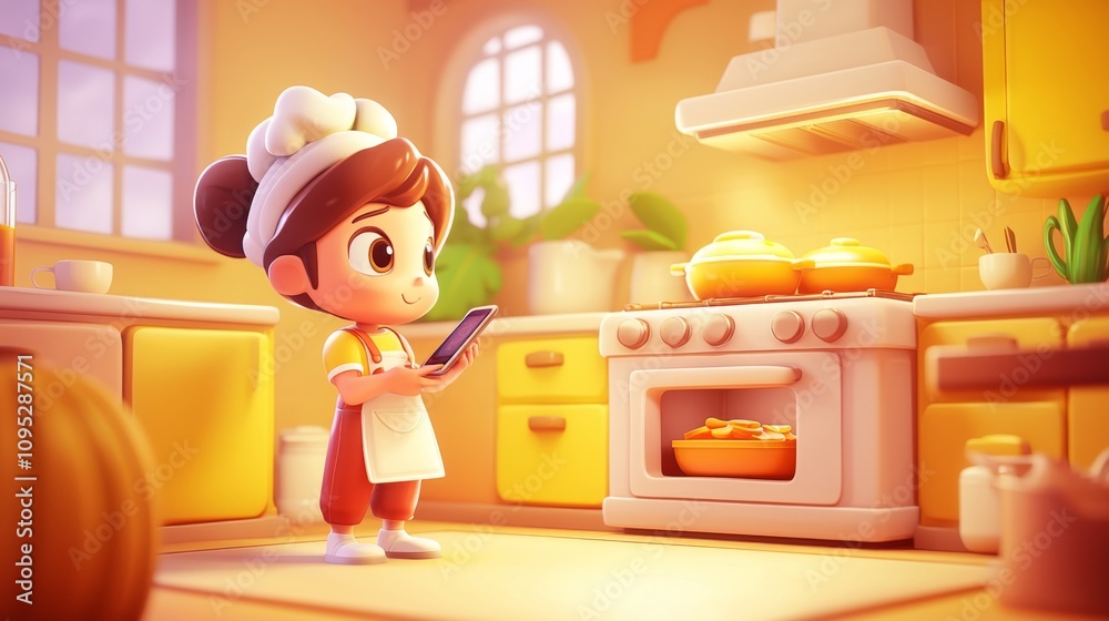 Smart Kitchen Appliance Use Pastel colored 3D cartoon style illustration.