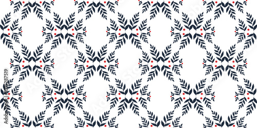 Intricate pattern featuring dark leaves and red berries on a white background
