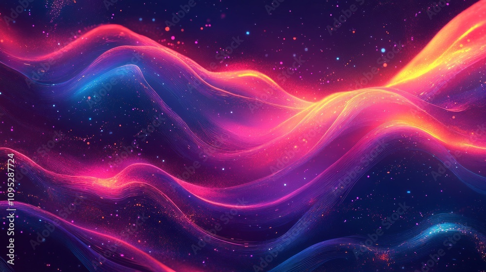 A vibrant, abstract digital landscape featuring flowing waves of pink and blue hues against a starry background. A vibrant, abstract digital landscape featuring flowing waves of pink and blue hues against a starry background.
