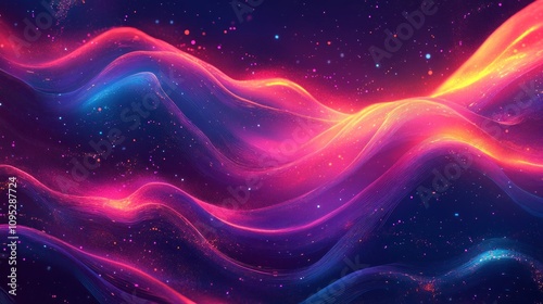 A vibrant, abstract digital landscape featuring flowing waves of pink and blue hues against a starry background.